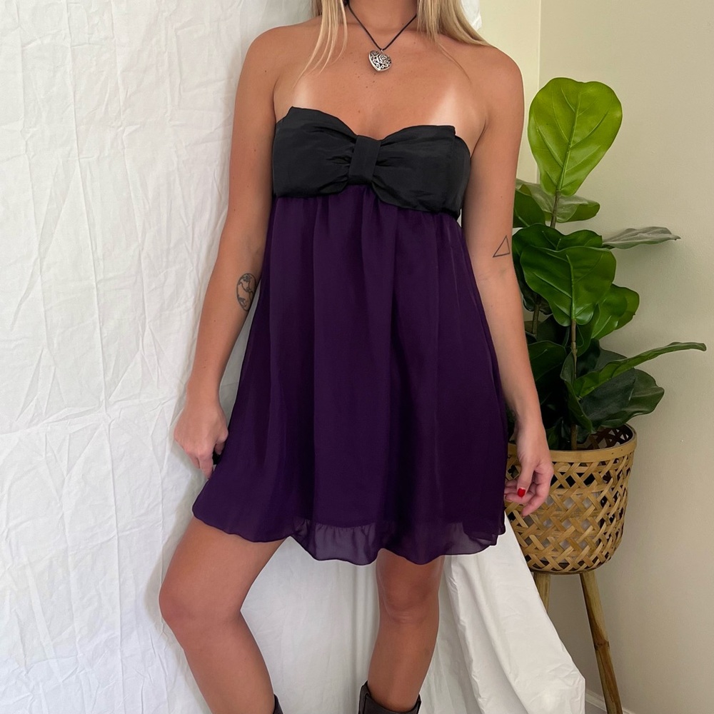 Y2K Purple + Black Bow Top Strapless Bubble Dress